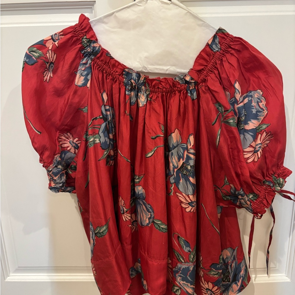 Red Puff Sleeve Smocked Blouse